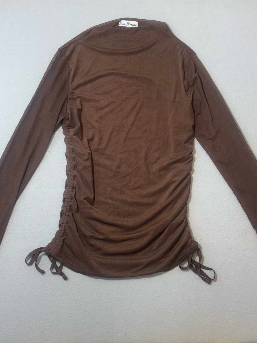 Blue Blossom Chocolate Brown Sheer Mesh Ruched Top - M